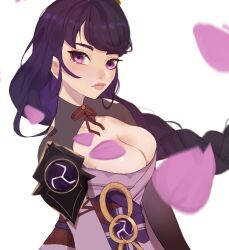 Rule 34 | 1girl, blush, breasts, cleavage, commentary, english commentary, floating hair, genshin impact, highres, japanese clothes, kimono, kookiesnmilk, light frown, long hair, looking at viewer, medium breasts, mole, mole under eye, obi, off shoulder, petals, pink lips, purple eyes, purple hair, purple kimono, raiden shogun, sash, shrug (clothing), simple background, solo, thick lips, very long hair, vision (genshin impact), white background