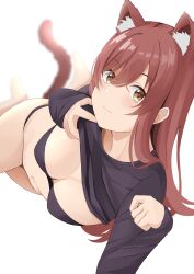 1girl absurdres animal_ear_fluff animal_ears black_bra black_panties black_shirt blush bra breasts cat_ears cat_girl cat_tail cleavage closed_mouth clothes_lift commentary_request extra_ears highres idolmaster idolmaster_shiny_colors lifting_own_clothes long_hair long_sleeves looking_at_viewer lying medium_breasts navel no_pants on_side osaki_amana panties paw_pose red_hair shirt shirt_lift sleeves_past_wrists smile solo swept_bangs tail tukikataumemo underwear yellow_eyes