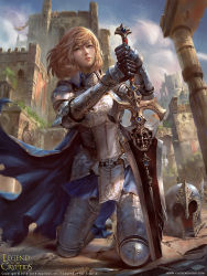 Rule 34 | 1girl, armor, armored boots, blonde hair, blue eyes, boots, cape, cloud, copyright name, dated, fantasy, gloves, unworn headwear, helmet, unworn helmet, hong yu cheng, legend of the cryptids, long hair, official art, open mouth, sky, solo, sword, teeth, tree, weapon