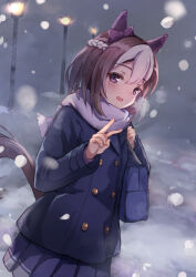 Rule 34 | 1girl, animal ears, aoniyoshi, blush, brown hair, buttons, coat, double-breasted, frilled skirt, frills, from side, highres, horse ears, horse girl, looking at viewer, multicolored hair, pleated skirt, purple eyes, purple scarf, purple skirt, scarf, school uniform, short hair, skirt, smile, solo, special week (umamusume), tracen school uniform, tracen winter coat, two-tone hair, umamusume, v, white hair