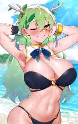 Rule 34 | 1girl, absurdres, antlers, armpits, arms behind head, arms up, beach, bikini, black bikini, blue ribbon, blush, braid, braided bangs, branch, breasts, ceres fauna, ceres fauna (1st costume), cleavage, colored tips, earrings, flower, gradient hair, green hair, hair flower, hair ornament, hand in own hair, highres, hololive, hololive english, honeymelon, horns, jewelry, large breasts, long hair, looking at viewer, mole, mole under eye, multicolored hair, navel, presenting armpit, ribbon, single braid, skindentation, smile, solo, swimsuit, undressing, virtual youtuber, water drop, yellow eyes