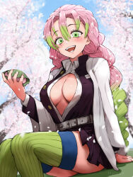 Rule 34 | 1girl, :d, belt, blue sky, braid, breasts, cleavage, day, demon slayer uniform, food, gradient hair, green hair, green thighhighs, haori, highres, holding, holding food, hylran0427, japanese clothes, kanroji mitsuri, kimetsu no yaiba, large breasts, long hair, looking at viewer, mole, mole under each eye, mole under eye, multicolored hair, multiple braids, multiple moles, open mouth, outdoors, partially unbuttoned, pink hair, ribbed legwear, ribbed thighhighs, sitting, sky, smile, solo, thighhighs, tree, tri braids, white belt
