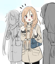 Rule 34 | 3girls, absurdres, alternate costume, asagumo (kancolle), bag, blue bag, braid, brown eyes, carrying bag, casual, cellphone, coat, hair ribbon, hairband, handbag, highres, kantai collection, light brown hair, long hair, looking at viewer, minegumo (kancolle), multiple girls, open mouth, pantyhose, phone, ponytail, ribbon, scarf, single braid, spica1476, sweater, twin braids, twintails, waving, wavy hair, yamagumo (kancolle)