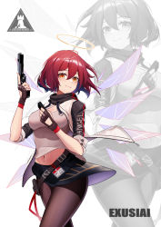 Rule 34 | 1girl, absurdres, arknights, black gloves, black pantyhose, black skirt, black sleeves, breasts, character name, chinese commentary, cleavage, closed mouth, clothes writing, commentary request, cowboy shot, detached wings, energy wings, exusiai (arknights), fingerless gloves, gloves, grey shirt, gun, hair between eyes, halo, hand up, handgun, highres, holding, holding gun, holding magazine (weapon), holding weapon, holster, id card, jacket, kriss vector, large breasts, live (mfwa7572), looking at viewer, magazine (weapon), midriff peek, navel, open clothes, open jacket, pantyhose, raglan sleeves, red eyes, red hair, rhodes island logo (arknights), shirt, short hair, sidelocks, skirt, sleeves rolled up, smile, standing, submachine gun, weapon, white background, white jacket, wind, wind lift, wings, zoom layer