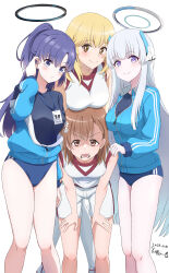 Rule 34 | 4girls, absurdres, adjusting hair, black shirt, blonde hair, blue archive, blue buruma, blue jacket, breast rest, breasts, breasts on head, brown eyes, brown hair, buruma, commentary request, dated, grey hair, gym shirt, gym shorts, gym uniform, hair behind ear, hair ornament, hairpin, halo, hand on another&#039;s shoulder, hands on own thighs, highres, id card, jacket, jacket partially removed, kippei, large breasts, leaning forward, long hair, looking at viewer, medium hair, misaka mikoto, multiple girls, no emblem, noa (blue archive), official alternate costume, partially unzipped, ponytail, purple eyes, purple hair, red trim, revision, shaded face, shirt, shokuhou misaki, short shorts, shorts, signature, sleeveless, sleeveless shirt, smile, sparkling eyes, standing, toaru kagaku no railgun, toaru majutsu no index, tokiwadai school gym uniform, track jacket, very long hair, white shirt, white shorts, yuuka (blue archive), yuuka (track) (blue archive)