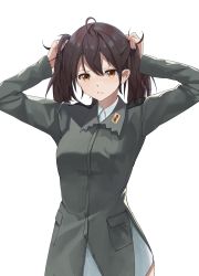 Rule 34 | 1girl, absurdres, ahoge, alternate hairstyle, blush, breasts, brown eyes, brown hair, clenched teeth, cowboy shot, gertrud barkhorn, green jacket, hair between eyes, hands in hair, highres, jacket, light blush, looking at viewer, medium breasts, military, military uniform, nighttsound, shirt, solo, strike witches, teeth, twintails, uniform, white background, white shirt, world witches series