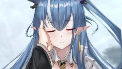 Rule 34 | 1boy, 1girl, arknights, blue hair, closed eyes, closed mouth, earrings, facing viewer, hair between eyes, hand on another&#039;s face, horns, jewelry, ling (arknights), long hair, long sleeves, long wuxian, multicolored hair, out of frame, pointy ears, ponytail, portrait, shirt, solo focus, streaked hair, white hair, white shirt, wide sleeves