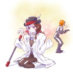 Rule 34 | 1boy, 1girl, borrowed clothes, bowler hat, cane, clothes theft, hat, hat feather, heterochromia, highres, iesupa, multicolored hair, neo politan, roman torchwick, rwby, sitting, smile, sneezing, split-color hair, standing, theft, wariza