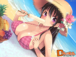 Rule 34 | 1girl, artist name, beach, bikini, black hair, blush, bracelet, breast rest, breasts, cleavage, collarbone, covered erect nipples, cream, day, dmm, flower, food, hat, hibiscus, highres, jewelry, large breasts, long hair, mouth hold, nail polish, original, otabe sakura, outdoors, popsicle, purple eyes, red bikini, sexually suggestive, solo, sparkle, strap gap, sun hat, swimsuit, wallpaper, water