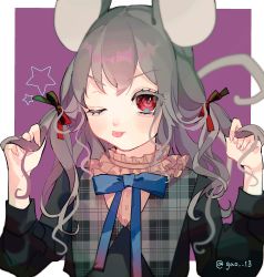 Rule 34 | 1girl, animal ears, blue bow, blush, bow, eyes visible through hair, frills, gradient bow, grey hair, hair bow, highres, komachi (pixiv), long hair, long sleeves, looking at viewer, mouse ears, nazrin, one eye closed, plaid, purple background, red eyes, solo, tongue, tongue out, touhou, twitter username, upper body