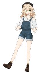 Rule 34 | 1girl, :d, alimitsu, bare legs, bare shoulders, beret, black hat, blonde hair, blue overalls, blush, brown footwear, collarbone, denim overalls, foot up, full body, green eyes, hair between eyes, hair intakes, hair ornament, hairclip, hat, heart, heart hair ornament, highres, jewelry, kaburaki roco, key, key necklace, legs apart, long hair, long sleeves, necklace, nijisanji, off shoulder, open hands, open mouth, overalls, shirt, shoes, simple background, smile, socks, solo, virtual youtuber, white background, white shirt, yellow socks