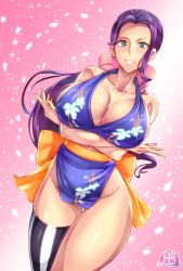 Rule 34 | 1girl, alternate costume, black hair, blue eyes, bow, breast hold, breasts, cleavage, crossed arms, hair bow, hatoba akane, highres, huge breasts, japanese clothes, kimono, long hair, nico robin, one piece, petals, short kimono, simple background, single thighhigh, smile, solo, thighhighs