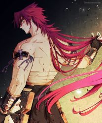 Rule 34 | 1boy, abs, armband, armlet, back, back turned, bandages, bara, from side, haidate, hair down, hair undone, highres, long hair, male focus, mullet, muscular, muscular male, parted bangs, red hair, sarashi, sideburns, solo, thigh armor, tonbokiri (touken ranbu), topless male, touken ranbu, vambraces, wakuwakumuscle, weapon