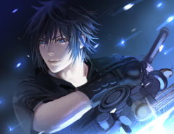 Rule 34 | 1boy, absurdres, black hair, blue eyes, closed mouth, commentary request, final fantasy, final fantasy xv, forehead, gloves, glowing, highres, holding, holding weapon, male focus, noctis lucis caelum, on (isk1812), short hair, short sleeves, solo, sparkle, spiked hair, square enix, upper body, v-shaped eyebrows, weapon