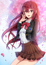 Rule 34 | 1girl, absurdres, arm behind back, blush, breasts, free!, hair down, highres, jacket, long hair, looking at viewer, matsuoka gou, miniskirt, open mouth, petals, pleated skirt, red eyes, red hair, school uniform, skirt, smile, solo, tree, yumiyokiak