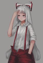 Rule 34 | 1girl, arm up, baggy pants, bow, closed mouth, collared shirt, commentary request, fjsmu, fujiwara no mokou, grey background, hair bow, hand in pocket, highres, long hair, long sleeves, looking up, pants, red eyes, red pants, shirt, sidelocks, silver hair, simple background, sleeves pushed up, solo, standing, suspenders, touhou, very long hair, white bow, white shirt