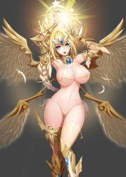 Rule 34 | 1girl, arm guards, armor, armored boots, armpits, arms up, bikini, bikini armor, blonde hair, blue eyes, boots, braid, breasts, cleavage, commentary request, feathers, highres, jewelry, large breasts, long hair, looking at viewer, micro bikini, mole, mole under eye, multiple wings, navel, open mouth, side-tie bikini bottom, silla (soccer spirits), simple background, single braid, smile, snowball22, soccer spirits, solo, star (symbol), swimsuit, thigh strap, tiara, wings, yellow bikini