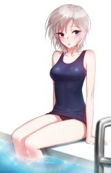 Rule 34 | 10s, 1girl, anastasia (idolmaster), ango, ankkoyom, bad id, bad pixiv id, blue eyes, blush, breasts, highres, idolmaster, idolmaster cinderella girls, looking at viewer, old school swimsuit, one-piece swimsuit, one eye closed, pool ladder, poolside, school swimsuit, short hair, silver hair, sitting, soaking feet, solo, swimsuit, twitter username, wet, wet clothes, wet hair, wet swimsuit