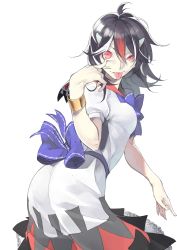 Rule 34 | 1girl, akanbe, black hair, cuffs, dress, eyelid pull, grey horns, hand on own face, haruba negi, highres, horns, image sample, kijin seija, looking at viewer, looking back, md5 mismatch, multicolored hair, pixiv sample, puffy sleeves, red eyes, red hair, resized, ribbon, shiro negi, short hair, short sleeves, simple background, smile, solo, tongue, tongue out, touhou, white background, white hair