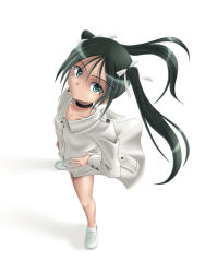 Rule 34 | 00s, 1girl, black hair, choker, flat chest, francesca lucchini, from above, green eyes, green hair, hair ribbon, hands on own hips, long hair, looking up, matching hair/eyes, mushoku no hourousha, ribbon, solo, strike witches, twintails, world witches series