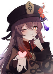 Rule 34 | 1girl, ;3, absurdres, black nails, brown hair, chinese clothes, commentary request, finger to mouth, flower, genshin impact, hair between eyes, hat, hat flower, hat ornament, heart, highres, hu tao (genshin impact), jewelry, long hair, long sleeves, looking at viewer, nail polish, o3o, one eye closed, qixia, reaching, reaching towards viewer, red eyes, ring, sidelocks, simple background, smile, solo, symbol-shaped pupils, twintails, white background