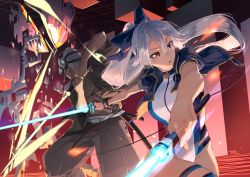 Rule 34 | 1boy, 1girl, blue bow, blue jacket, blue one-piece swimsuit, bow, breasts, competition swimsuit, dual wielding, energy sword, fate/grand order, fate (series), grey hair, hair between eyes, hair bow, hakama, hakama pants, hakama skirt, haori, head-mounted display, headphones, highleg, highleg swimsuit, highres, holding, jacket, japanese clothes, jhc kai, katana, large breasts, long hair, old, old man, one-piece swimsuit, open mouth, pants, ponytail, red eyes, short hair, short sleeves, skeleton, skirt, swimsuit, sword, thighs, tomoe gozen (fate), tomoe gozen (swimsuit saber) (fate), tomoe gozen (swimsuit saber) (first ascension) (fate), two-tone swimsuit, virtual reality, weapon, white one-piece swimsuit, yagyuu munenori (fate)