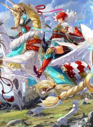 Rule 34 | 1girl, armor, boots, cape, company connection, copyright name, day, elbow gloves, feather trim, fire emblem, fire emblem cipher, fire emblem fates, gloves, hinoka (fire emblem), horns, horseback riding, japanese clothes, mayo (becky2006), nintendo, pegasus, pegasus knight uniform (fire emblem), petals, red eyes, red hair, riding, short hair, single horn, sky, smile, thigh boots, thighhighs, thighs, zettai ryouiki