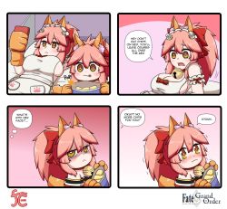 Rule 34 | 2girls, 4koma, :&lt;, :3, animal collar, animal ear fluff, animal ears, animal hands, apron, arm garter, artist logo, artist name, bell, blush, bow, breasts, bright pupils, cat hair ornament, cellphone, charisma break, chips (food), cleavage, closed mouth, collar, comic, commentary, copyright name, detached sleeves, english commentary, english text, fang, fate/grand order, fate (series), food, fox ears, fox girl, fox tail, frilled garter, frilled sleeves, frills, frown, gradient background, hair between eyes, hair bow, hair ornament, highres, holding, holding phone, indoors, japanese clothes, keita naruzawa, kimono, large breasts, long hair, looking at phone, looking at viewer, lying, maid headdress, mini person, minigirl, multiple girls, naked apron, neck bell, on back, on bed, open mouth, paw print, paw print pattern, phone, pink background, pink hair, ponytail, potato chips, red bow, red collar, red kimono, shaded face, sideboob, sidelocks, smartphone, speech bubble, square 4koma, tail, talking, tamamo (fate), tamamo cat (fate), tamamo cat (first ascension) (fate), tamamo cat (third ascension) (fate), tearing up, thought bubble, tongue, tongue out, trembling, upper body, yellow eyes