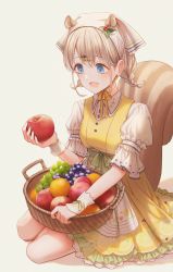 Rule 34 | 1girl, :d, animal ears, apple, apron, basket, blue eyes, braid, brown hair, collared shirt, dress, dress shirt, food, frilled dress, frills, fruit, grapes, grey background, hair ornament, hairclip, highres, holding, holding food, holding fruit, idolmaster, idolmaster shiny colors, kemonomimi mode, lium, looking away, open mouth, pleated dress, puffy short sleeves, puffy sleeves, red apple, serizawa asahi, shirt, short sleeves, sleeveless, sleeveless dress, smile, solo, squirrel ears, squirrel girl, squirrel tail, tail, twin braids, waist apron, white apron, white shirt, wrist cuffs, yellow dress