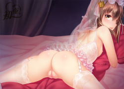 Rule 34 | 10s, 1girl, ass, body pillow, breasts, bridal veil, brown eyes, brown hair, crown, garter belt, garter straps, hair between eyes, indoors, kantai collection, lace, lace-trimmed legwear, lace trim, lingerie, looking at viewer, lying, mini crown, nipples, no panties, hugging object, on stomach, open mouth, paint musume, pillow, pillow hug, presenting, pussy, small breasts, smile, solo, spread legs, taihou (kancolle), thighhighs, uncensored, underwear, veil, white thighhighs