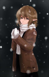 Rule 34 | 1girl, alternate costume, blonde hair, green eyes, highres, jacket, long sleeves, mittens, mizuhashi parsee, neko zukin, pointy ears, scarf, smile, snowing, solo, touhou, winter clothes