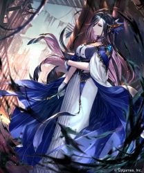 Rule 34 | 1girl, ahoge, black hair, blurry, blurry foreground, breasts, cape, closed mouth, day, dress, dutch angle, floating hair, gloves, hair between eyes, hair over one eye, highres, irua, large breasts, long dress, long hair, multicolored hair, outdoors, pink hair, shadowverse, solo, standing, two-tone hair, very long hair, white dress, white gloves
