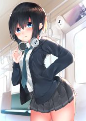 Rule 34 | 1girl, arched back, black hair, black jacket, blazer, blue eyes, blue necktie, blurry, blurry background, blush, breasts, collared shirt, commentary request, detached sleeves, dress shirt, grey skirt, hair between eyes, hand in own hair, hand up, headphones, headphones around neck, highres, jacket, leaning forward, long sleeves, looking at viewer, necktie, neku (neku draw), open clothes, open jacket, original, parted lips, pleated skirt, shirt, skirt, sleeves past wrists, small breasts, solo, train interior, white shirt