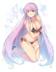 Rule 34 | 1girl, absurdly long hair, absurdres, alternate costume, bikini, black bikini, blush, braid, breasts, cat with a brush, cleavage, collarbone, commission, commissioner upload, embarrassed, fire emblem, fire emblem: the binding blade, french braid, highres, large breasts, long hair, navel, nintendo, purple eyes, purple hair, simple background, sitting, solo, sophia (fire emblem), swimsuit, very long hair