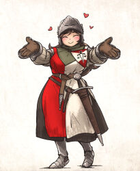 Rule 34 | 1girl, ^ ^, armor, armored gloves, bassinet, blush, brown gloves, brown hair, closed eyes, commentary, crest, cuisses, english commentary, gambeson, gloves, heart, highres, ironlily, lady lucerne (ironlily), long hair, medieval, original, outstretched arms, plate armor, scabbard, sheath, sheathed, smile, solo, sword, weapon