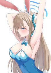 Rule 34 | 1girl, absurdres, animal ears, arm behind head, arm up, armpits, asuna (blue archive), asuna (bunny) (blue archive), bare arms, bare shoulders, blonde hair, blue archive, blue leotard, blush, breasts, cleavage cutout, closed mouth, clothing cutout, commentary request, fake animal ears, fake tail, forehead, hair over one eye, hair ribbon, half-closed eyes, halo, highres, inapple, leotard, long bangs, long hair, looking to the side, mole, mole on breast, no bra, official alternate costume, playboy bunny, rabbit tail, ribbon, shadow, simple background, strapless, strapless leotard, sweat, tail, upper body, white background