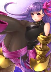Rule 34 | 10s, 1girl, ass, belt collar, blush, breasts, claws, clothing cutout, collar, fate/extra, fate/extra ccc, fate (series), hair ribbon, highres, hip focus, huge breasts, legs up, long hair, looking at viewer, open mouth, pantyhose, passionlip (fate), pink eyes, pink ribbon, purple hair, ribbon, sash, shoulder cutout, solo, thighs, very long hair, yuzutosen