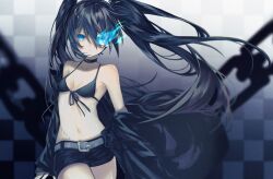 Rule 34 | 1girl, bad id, bad twitter id, bikini, bikini top only, bikini under clothes, black bikini, black hair, black rock shooter, black rock shooter (character), blue eyes, blue fire, breasts, chain, checkered background, choker, collarbone, commentary request, fire, hair between eyes, highres, long hair, navel, nuko 0108, open clothes, scar, shorts, sidelocks, small breasts, solo, stitches, swimsuit, twintails, very long hair