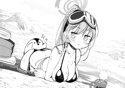 Rule 34 | 1other, :&lt;, ass, bent over, bikini, bird, blue archive, blush, breasts, butt crack, cup, eimi (blue archive), eimi (swimsuit) (blue archive), food, goggles, goggles on head, greyscale, halo, highres, hot chocolate, large breasts, looking at viewer, marshmallow, miu (miusnama), monochrome, mug, official alternate costume, partially submerged, penguin, ponytail, side-tie bikini bottom, ski goggles, swimsuit, wading, wet