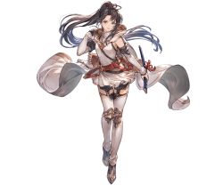 Rule 34 | 1girl, belt, black hair, blue eyes, boots, bow (weapon), dress, full body, granblue fantasy, hand up, holding, hood, hood down, lips, long hair, looking at viewer, minaba hideo, official art, parted lips, ponytail, quiver, shitori (granblue fantasy), short dress, sleeveless, solo, standing, sword, thigh boots, thighhighs, transparent background, turtleneck, weapon