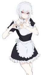 Rule 34 | 1girl, accelerator (toaru majutsu no index), albino, androgynous, annoyed, apron, black dress, bow, bowtie, collarbone, contrapposto, cowboy shot, detached collar, dress, flat chest, frilled apron, frilled dress, frills, furrowed brow, genderswap, genderswap (mtf), heart, heart hands, highres, knees, legs, looking at viewer, maid, maid headdress, pale skin, pixie cut, red eyes, sanpaku, short dress, short hair, short sleeves, sidelocks, sketch, solo, standing, suzushina yuriko, toaru majutsu no index, two-tone dress, uonomesabu, waist apron, white background, white bow, white bowtie, white hair