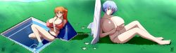 Rule 34 | 2girls, absurdres, ayanami rei, barefoot, blue eyes, blue hair, blush, breasts, covering breasts, covering privates, female focus, forest, full body, giant, giantess, highres, huge breasts, looking at viewer, medium hair, multiple girls, nature, neon genesis evangelion, orange hair, red eyes, short hair, souryuu asuka langley, stitched, third-party edit, topless, torn clothes, twintails, ydbunny