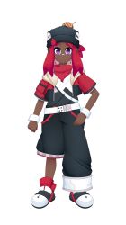 Rule 34 | 1boy, asymmetrical legwear, bandaid, bandaid on face, bandaid on nose, beanie, belt, black footwear, black hat, black jacket, black pants, black shirt, cephalopod eyes, commentary, crankyconstruct, dark-skinned male, dark skin, english commentary, food, hand in pocket, hat, highres, horizontal pupils, indie virtual youtuber, jacket, jibo (vtuber), looking at viewer, male focus, medium hair, multicolored clothes, multicolored footwear, multicolored jacket, multicolored shirt, pants, pointy ears, purple eyes, red footwear, red hair, red jacket, red scarf, sauce, scarf, shirt, shoes, simple background, smile, solo, tachi-e, takoyaki, tentacle hair, toothpick, uneven legwear, virtual youtuber, white background, white belt, white footwear, white shirt, white wristband, wristband