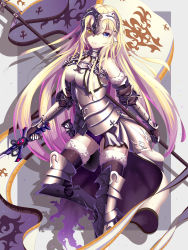 Rule 34 | 1girl, absurdres, alternate eye color, armor, armored boots, armored dress, bad id, bad pixiv id, banner, black gloves, black thighhighs, blonde hair, blue eyes, boots, borrowed clothes, dress, fate/apocrypha, fate (series), female focus, fingerless gloves, floating hair, fur trim, gloves, heterochromia, highres, holding, holding sword, holding weapon, jeanne d&#039;arc (fate), jeanne d&#039;arc (ruler) (fate), jeanne d&#039;arc (third ascension) (fate), leg up, long hair, looking at viewer, panties, parted lips, purple panties, smile, solo, sword, thighhighs, underwear, very long hair, weapon, white dress, xi zhujia de rbq, yellow eyes