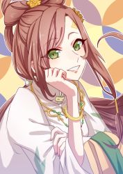 Rule 34 | 1girl, agehacat, bracelet, brown hair, chinese clothes, flower, food fantasy, green eyes, hair flower, hair ornament, hanfu, highres, jewelry, long hair, low ponytail, osmanthus, osmanthus cake (food fantasy), smile, solo