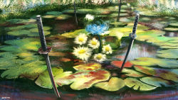 Rule 34 | absurdres, advarcher, highres, kimetsu no yaiba, lily pad, multiple swords, no humans, painterly, scenery, sword, water lily flower, weapon