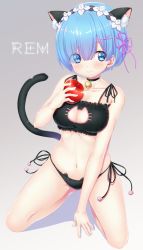 Rule 34 | 10s, 1girl, absurdres, animal ears, animal print, apple, bad id, bad pixiv id, bell, blue eyes, blue hair, blush, breasts, cat cutout, cat ears, cat lingerie, cat panties, cat print, cat tail, character name, cleavage, cleavage cutout, closed mouth, clothing cutout, collar, collarbone, eyes visible through hair, food, fruit, full body, gradient background, grey background, hair ornament, hair over one eye, hair ribbon, highres, hio (hiohio0306), holding, holding food, holding fruit, jingle bell, kneeling, large breasts, looking at viewer, maid headdress, matching hair/eyes, meme attire, neck bell, panties, print panties, purple ribbon, re:zero kara hajimeru isekai seikatsu, rem (re:zero), ribbon, shadow, short hair, side-tie panties, smile, solo, tail, underwear, underwear only, x hair ornament