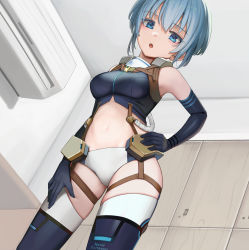 Rule 34 | 1girl, :o, alice gear aegis, armpits, bare shoulders, bikini, bikini bottom only, black gloves, black shirt, black thighhighs, blue eyes, blue hair, breasts, contrapposto, cowboy shot, crop top, elbow gloves, garter straps, gloves, hand on own hip, hand on own thigh, highres, looking at viewer, medium breasts, midriff, navel, nina kalinina, open mouth, revealing clothes, shirt, short hair, sleeveless, sleeveless shirt, solo, standing, stomach, sunga2usagi, swimsuit, thighhighs, thighs, white bikini