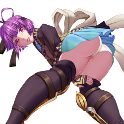 Rule 34 | 1girl, armor, ass, bent over, blue skirt, blush, boots, bow, cameltoe, fingerless gloves, from behind, from below, gensou suikoden, gensou suikoden v, gloves, hair bow, hair ornament, hair rings, harihisa, headband, jacket, knee boots, large bow, leaning, leaning forward, looking at viewer, looking back, matching hair/eyes, miakis (suikoden), open mouth, panties, pantyshot, parted lips, pleated skirt, presenting, purple eyes, purple hair, ribbon, short hair, skirt, smile, solo, thigh boots, thighhighs, underwear, upskirt, white panties