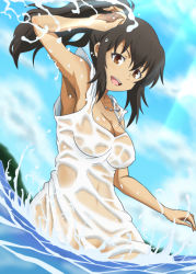 Rule 34 | 1girl, banboro (technobot), breasts, brown eyes, brown hair, cleavage, dress, fate/zero, fate (series), jewelry, large breasts, necklace, ponytail, see-through, shirley (fate), water, wet, wet clothes, wet dress